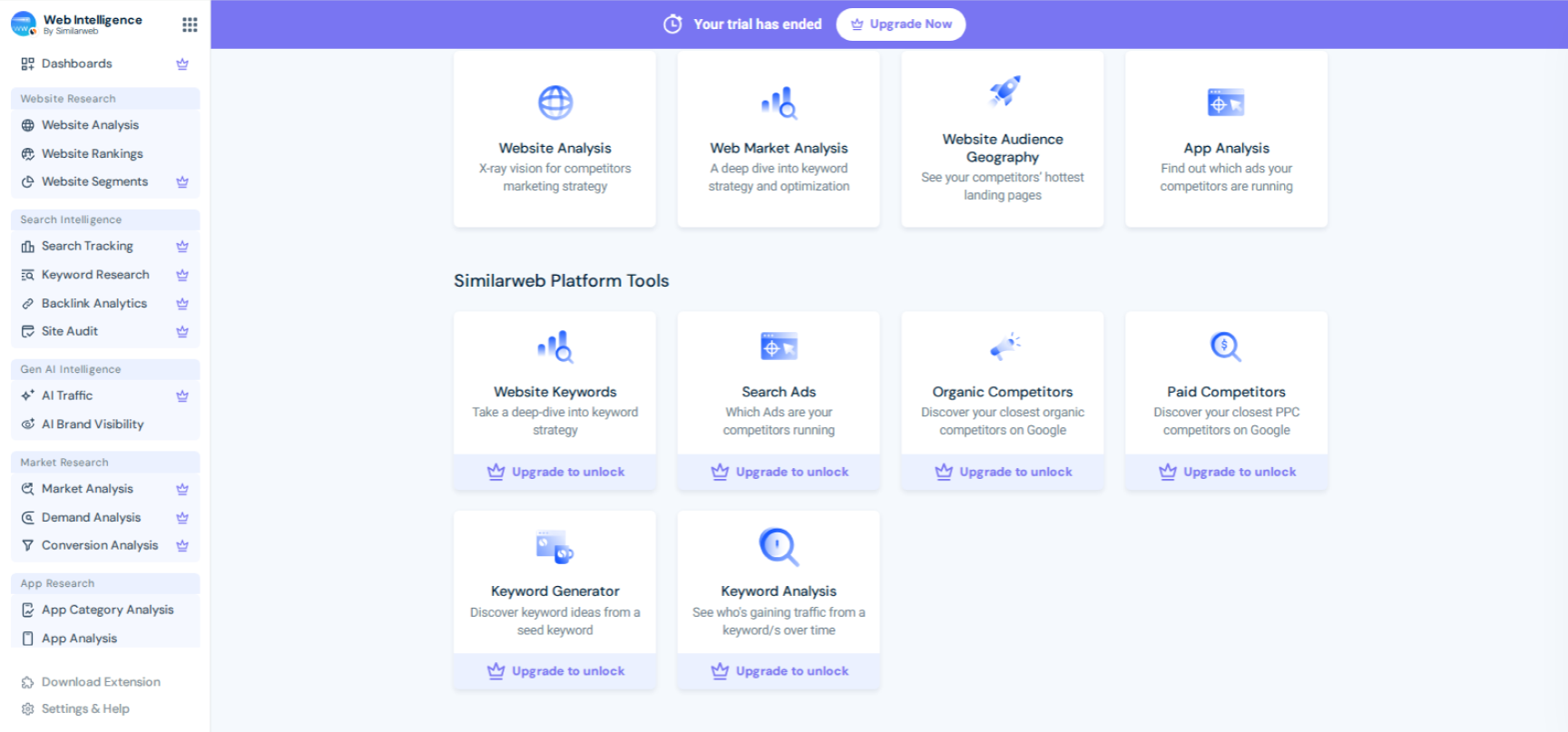 Интерфейс продукта SimilarWeb